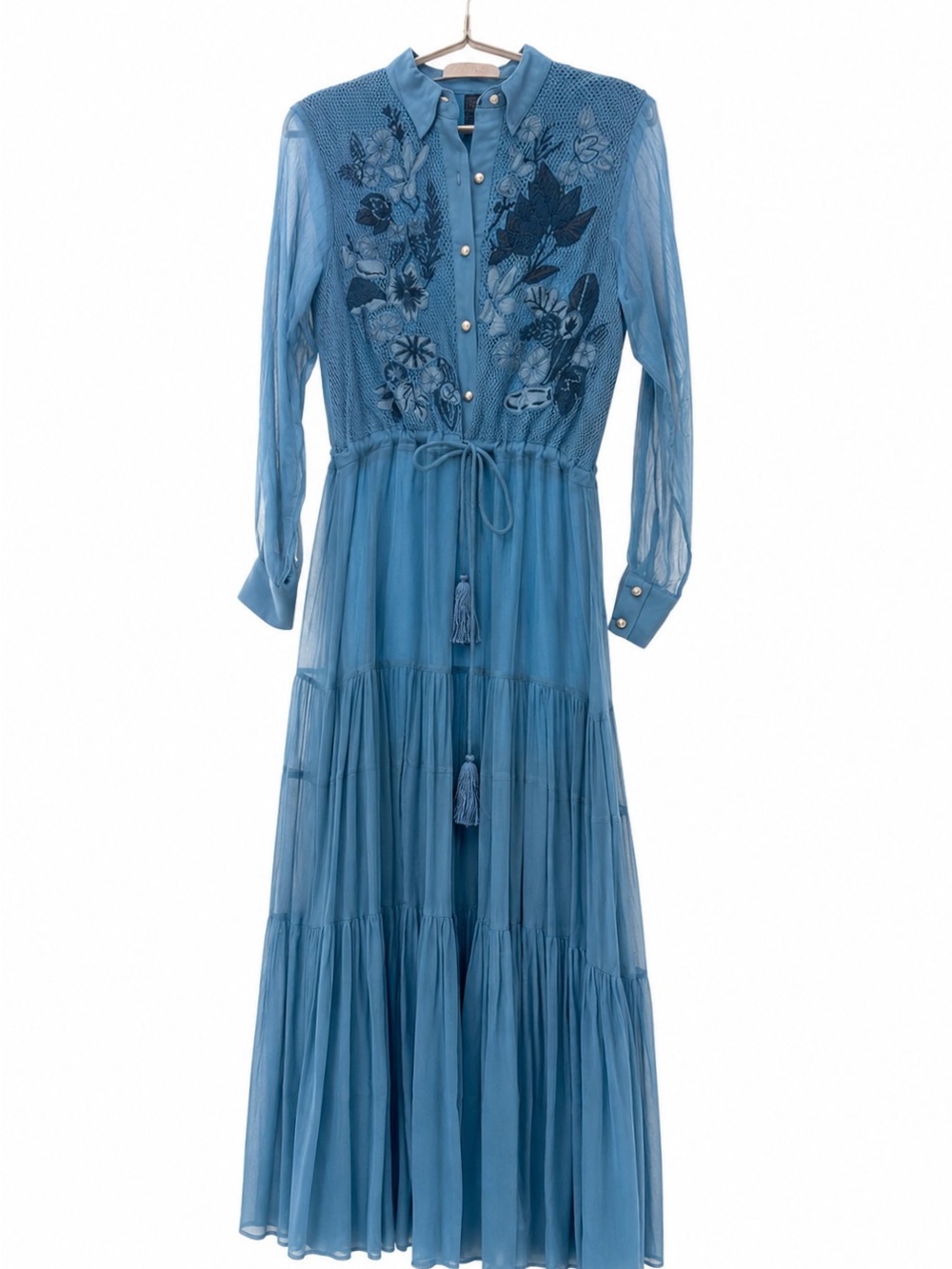 Embroidered Blue Maxi Dress with Tie Waist